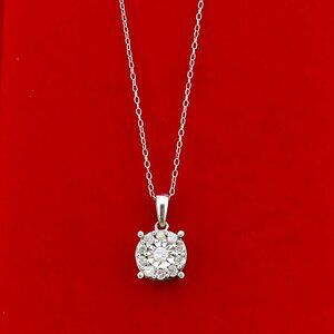 Diamond Halo Cluster Pendant Necklace Silver Genuine Natural Real